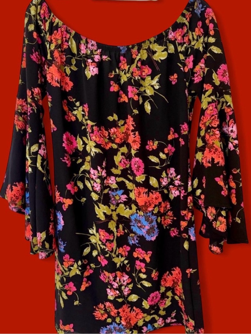 Floral Scoop Neck Women's Dress - Black with Pink & Red Blossoms